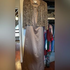 Elegant Brown Gown with Patterned Jacket